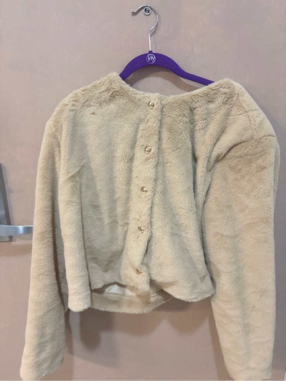 H&M Cream Faux Fur Cropped Jacket Gold Buttons XXL